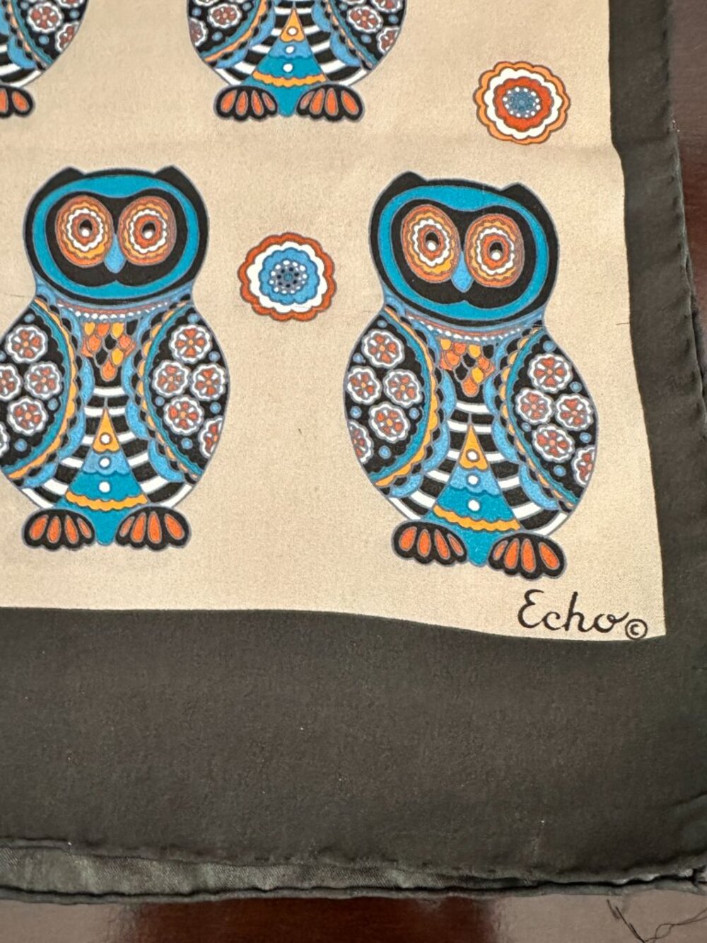 Vintage Echo Scarf Owls 100% Silk 15" x 44" Brown Tan - Picture 4 of 7